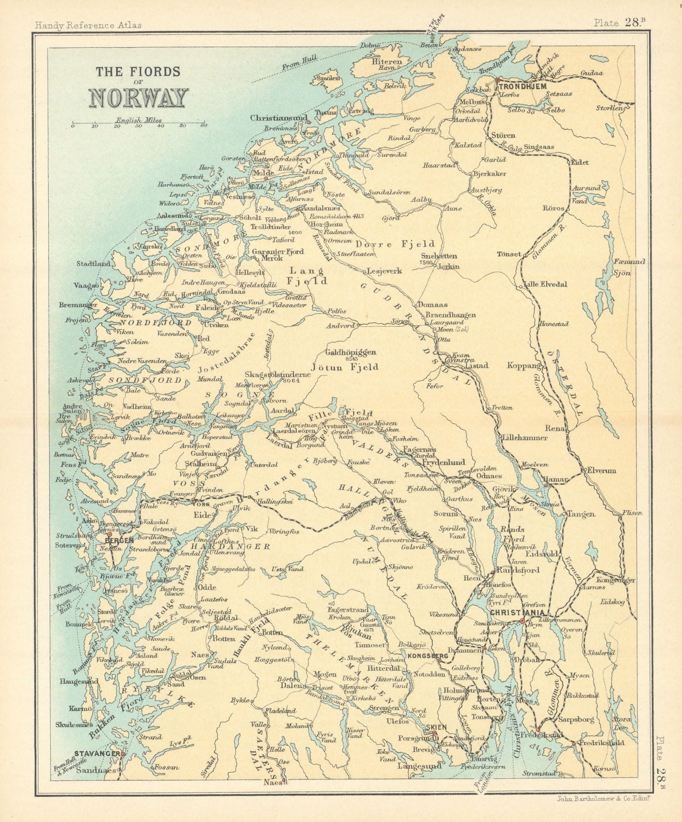 The Fjords of Norway. Norwegian Coast. Oslo. BARTHOLOMEW 1909 old antique map